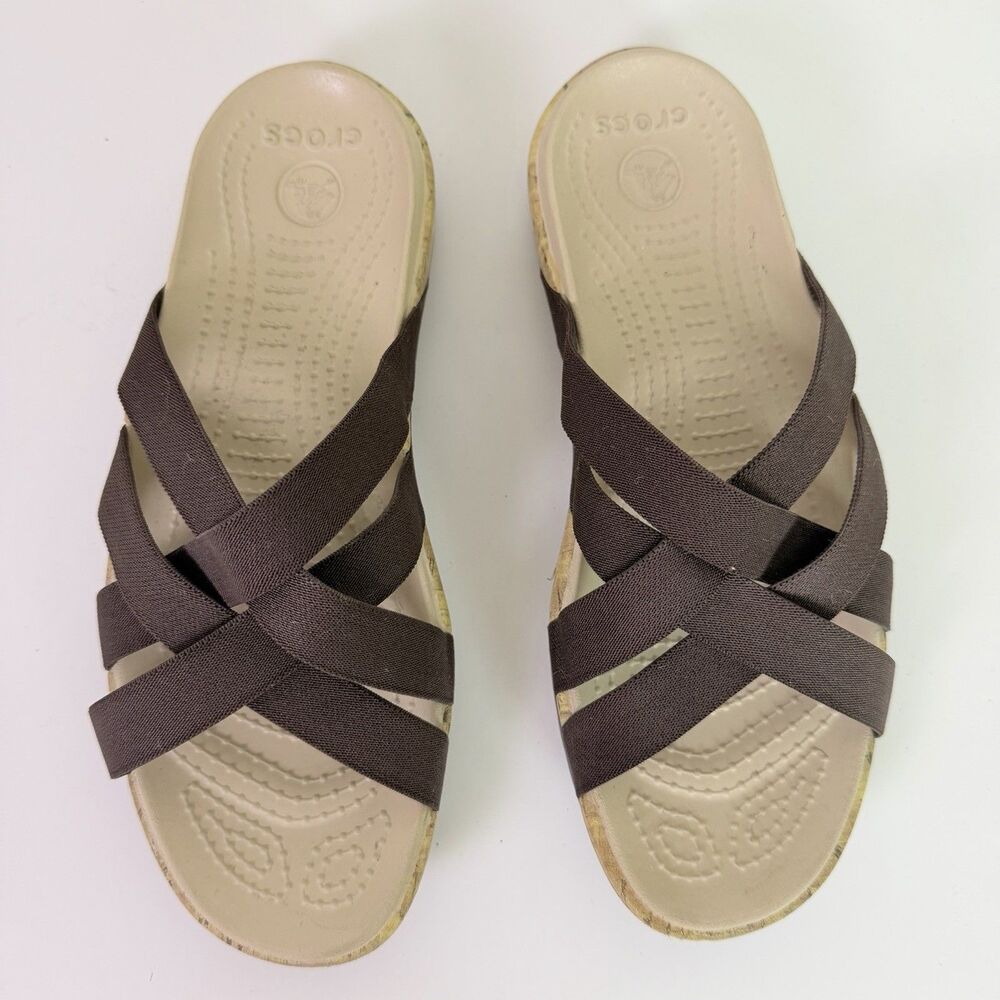 Crocs Edie Stretch Sandals Womens 9 Brown Criss Cross Strappy Comfort Slide - Picture 2 of 16